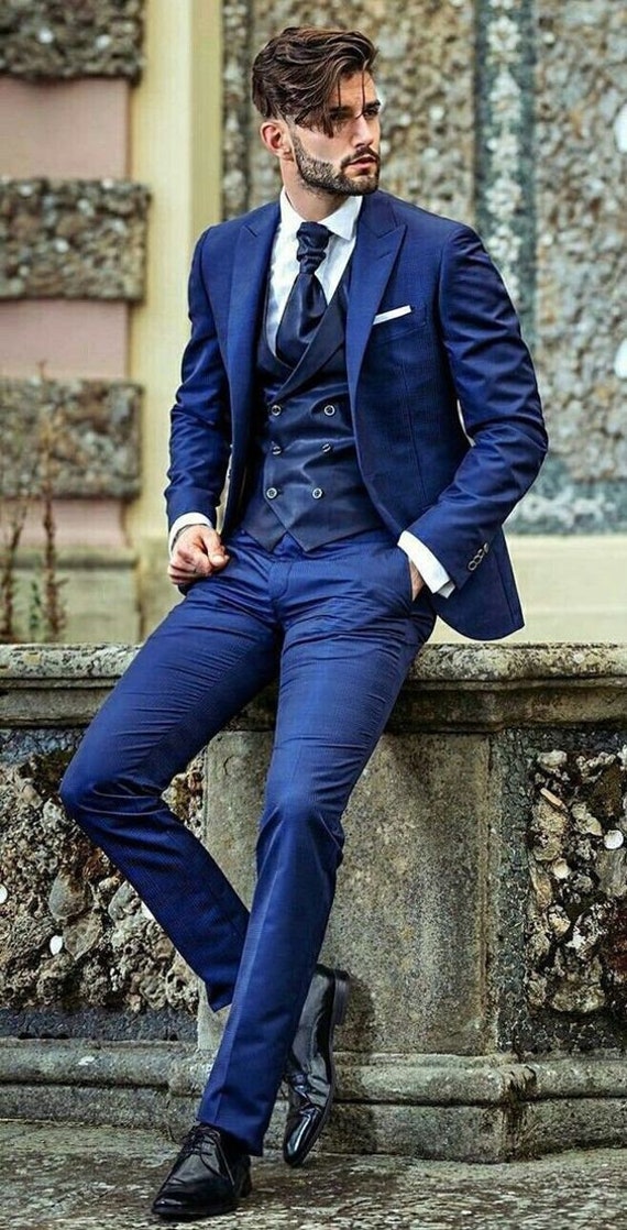 Men's Blue Two Piece Suit 2 Button Slim Fit Suit Premium Royal Blue Elegant  Coat Pant Bespoke