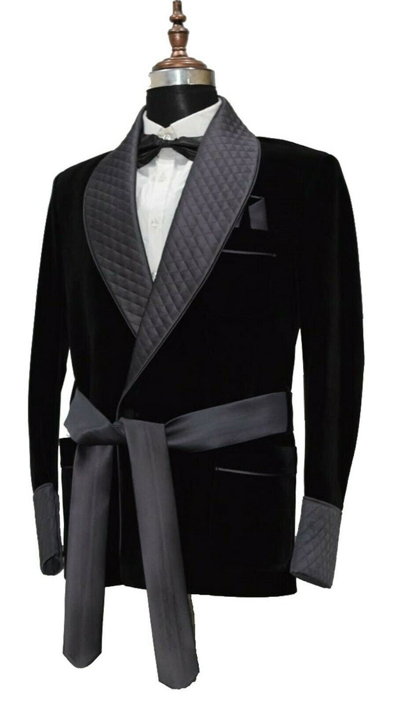 Men Black Smoking Jacket Robe Velvet Quilted New Arrival Etsy