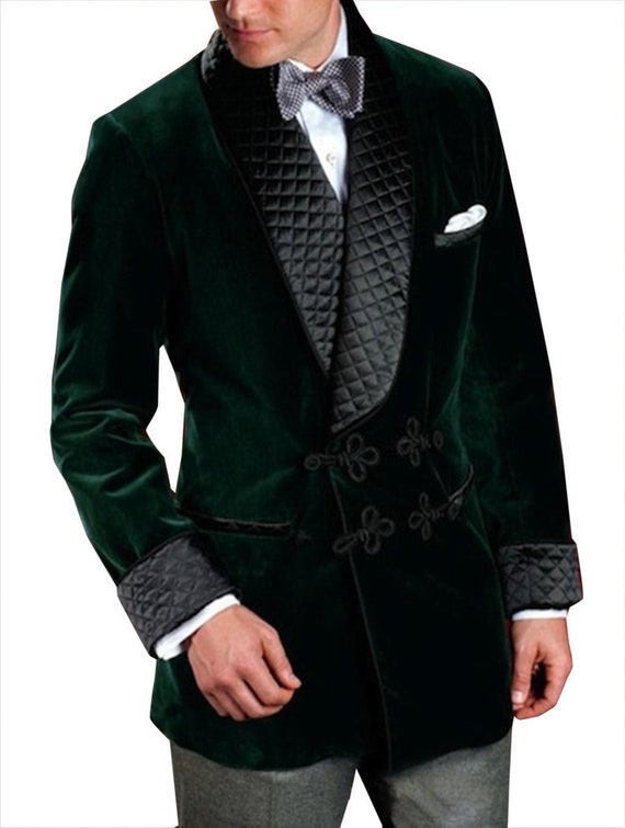 Men's Smoking Jacket Velvet Quilted Coat Blazer Etsy