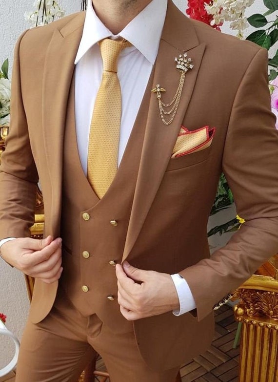 SUITS FOR MEN Golden Beige Men Suit 2 Piece Slim Fit Suits