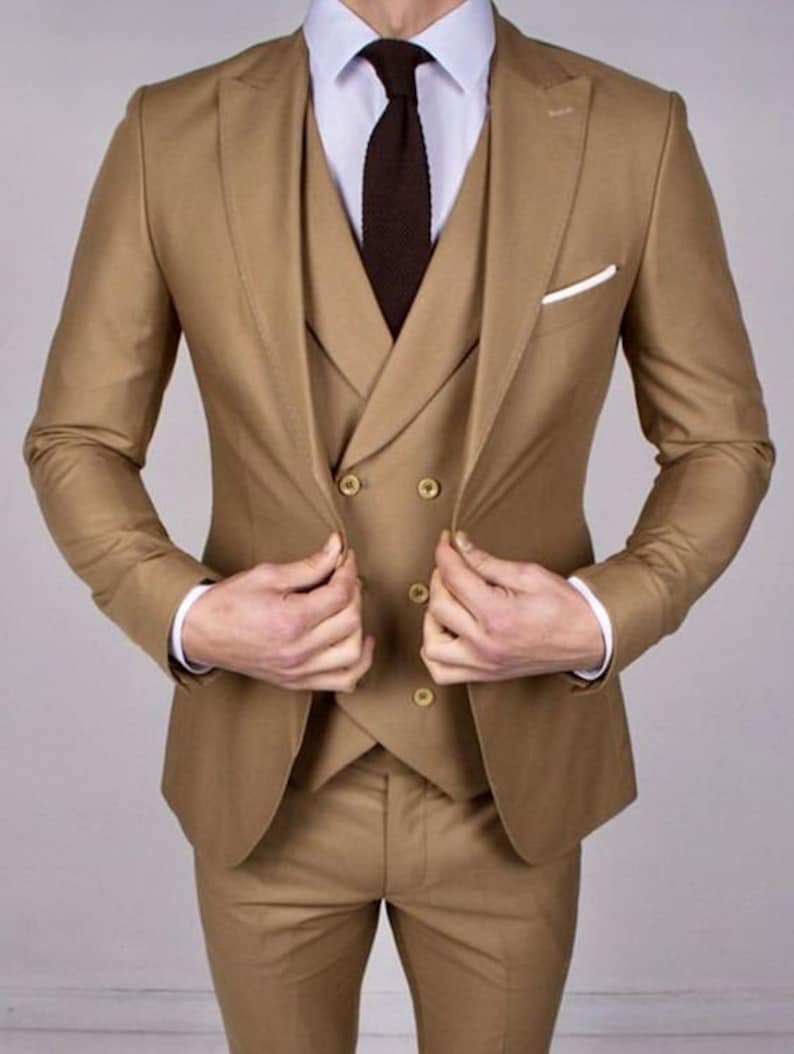 Men 3 Piece Khaki Suit Slim Fit Coat One Button Formal Wear Etsy