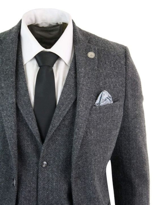 Men Suits Gray Tweed Suit 3 Piece Herringbone One Button Regular