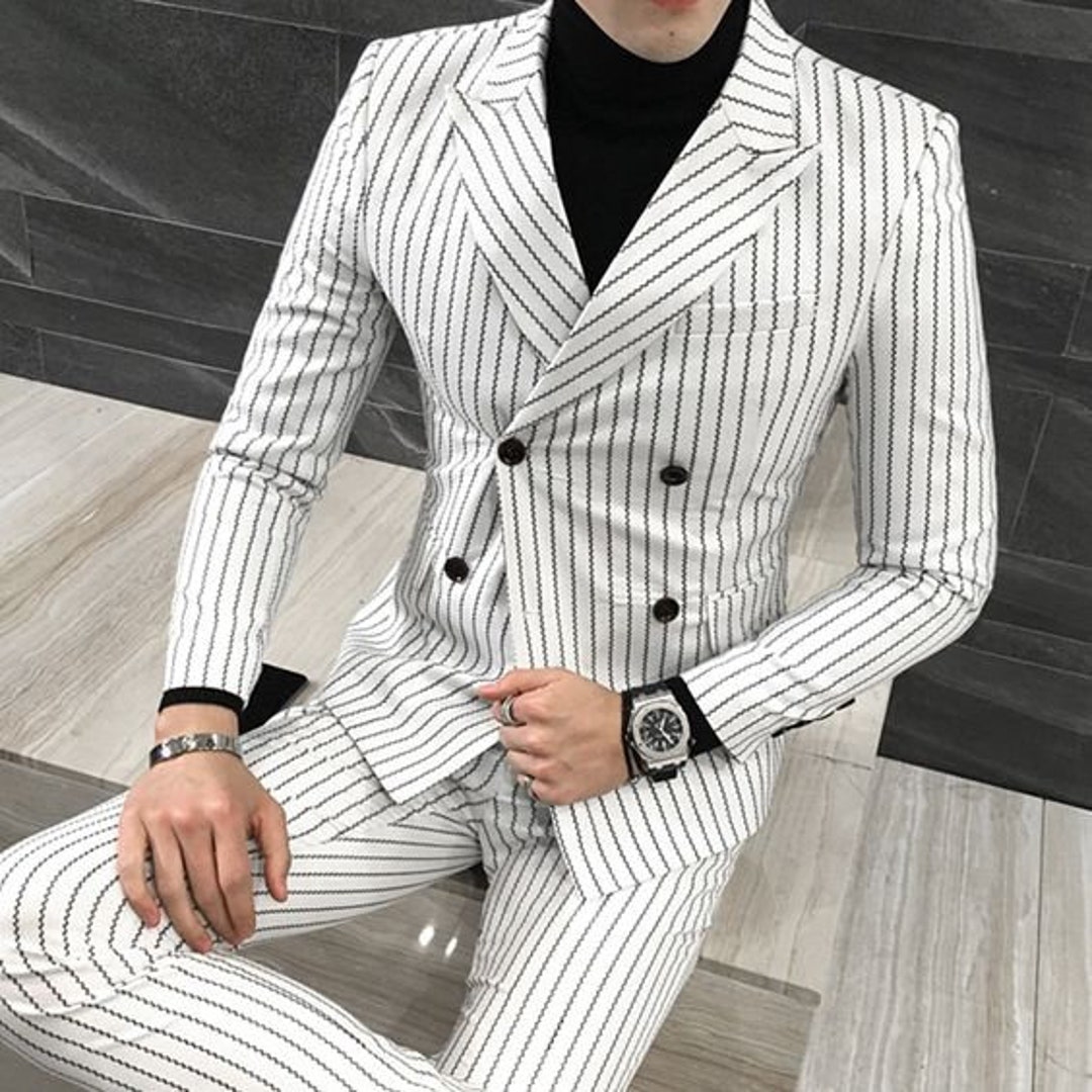 Men White Pin Stripe 2 Piece Suits Slim Fit Double Breast 