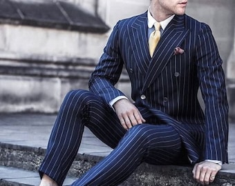 Men’s 3 Piece Double Breasted Suit Blue Pinstripe 1920 Retro Gatsby Tailored Fit