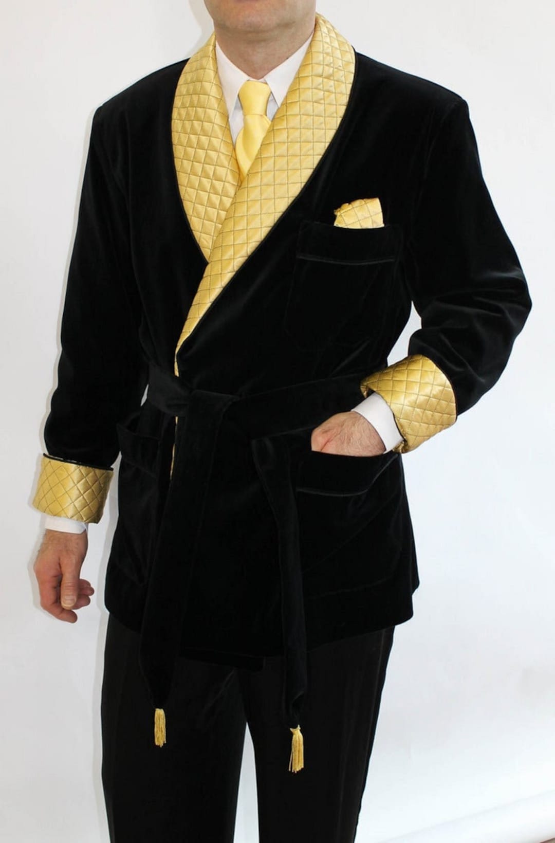 Smoking Jacket for Men in Black Velvet Quilted Robe Elegant Etsy