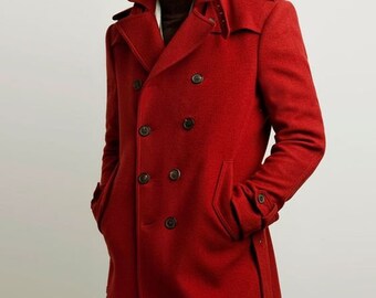 Men Long Trench Coat Formal Fashion Red 