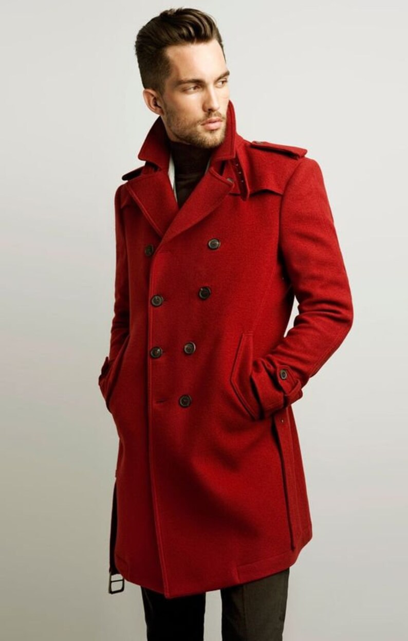 Men Long Trench Coat Formal Fashion Red Double Breasted Etsy