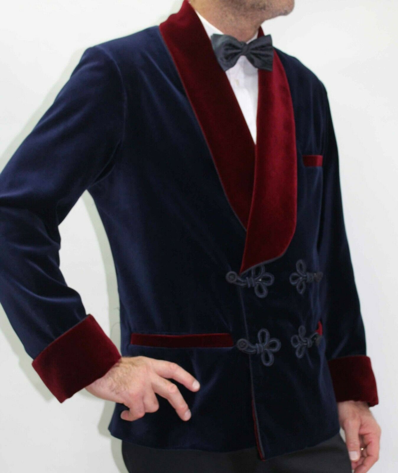 Men Navy Smoking Jacket Red Lapel Frogging Button Designer Etsy UK