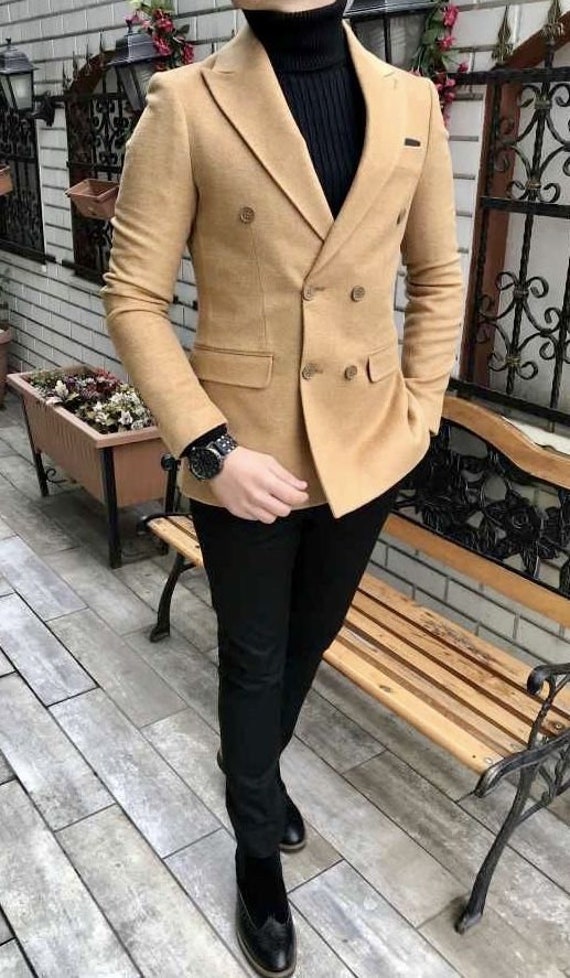 Double Breasted Jacket Men Cream Premium Party Wear Designer 