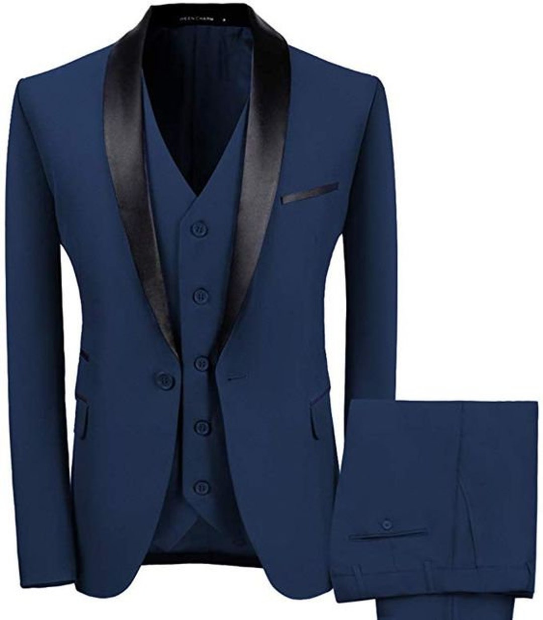 One-Chest Pocket Notch Lapel One-Button Navy Blue Suit