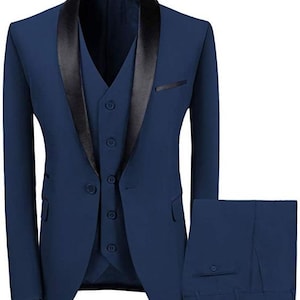 Men Navy Blue Suit 3 Piece Suit Peak Satin Lapel One Button - Etsy