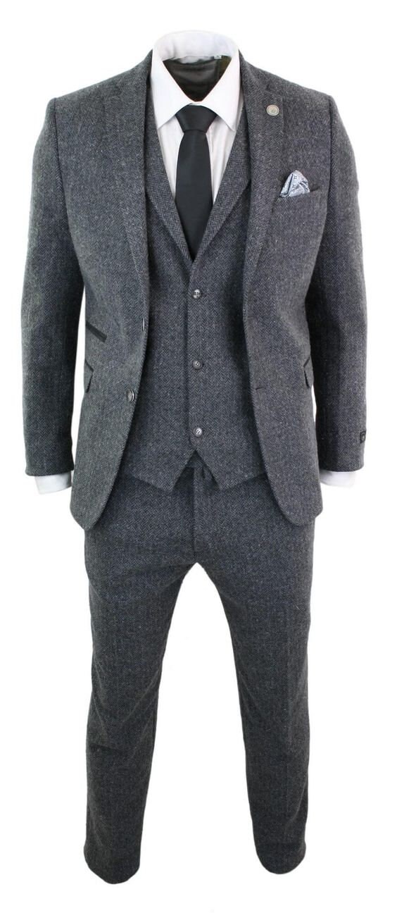 Men Suits Gray Tweed Suit 3 Piece Herringbone One Button - Etsy