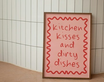 Kitchen Kisses And Dirty Dishes | Pink And Red |  Art Print