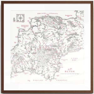Op de afbeelding: Een ingelijste kaart van Devon, Engeland, met zwarte lijnen op een witte achtergrond met rode tekst en accenten. De kaart toont geografische details, waaronder Dartmoor, het Bristol Channel en het Engels Kanaal, in een bruine lijst.