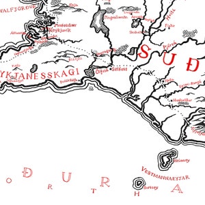 May include: A black and white illustrated map of southwestern Iceland featuring red text labels for locations such as Reykjavik, Reykjanes-skagi, and Vestmannaeyjar. The map depicts coastlines, mountain ranges, and rivers with detailed line work.