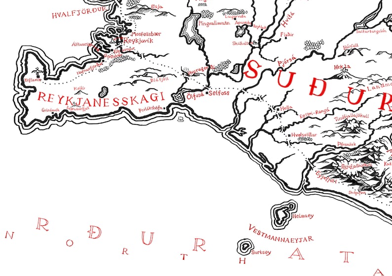 May include: A black and white illustrated map of southwestern Iceland featuring red text labels for locations such as Reykjavik, Reykjanes-skagi, and Vestmannaeyjar. The map depicts coastlines, mountain ranges, and rivers with detailed line work.