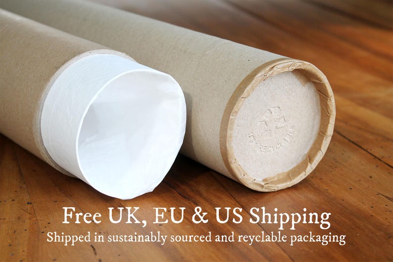 May include: Two cylindrical cardboard shipping tubes with light brown exterior surfaces. One tube is open, revealing a white interior lining, while the other is closed with a circular cardboard cap featuring a stamped recycling symbol.