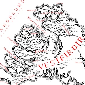 May include: A black and white map of the Westfjords region in Iceland, featuring red text labels for locations such as Vestfir&eth;ir, Hornstrandir, and &Iacute;safjar&eth;ardj&uacute;p. The map displays detailed coastlines, mountain ranges, and fjords.
