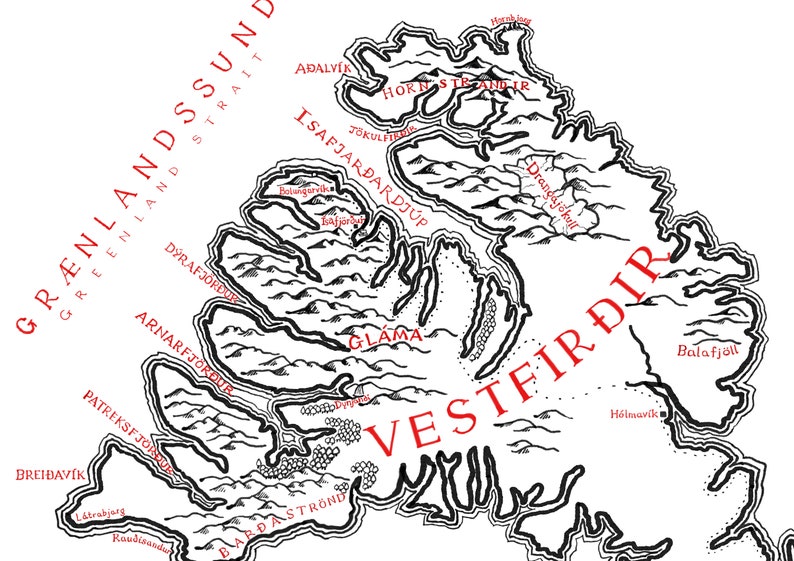 May include: A black and white map of the Westfjords region in Iceland, featuring red text labels for locations such as Vestfir&eth;ir, Hornstrandir, and &Iacute;safjar&eth;ardj&uacute;p. The map displays detailed coastlines, mountain ranges, and fjords.