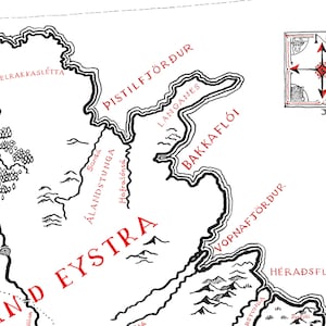May include: A black and white illustrated map of northeastern Iceland featuring red text labels for locations like Oxarfjordur, Pistilfjordur, and Vopnafjordur. A decorative compass rose with red and black arrows is in the upper right corner.
