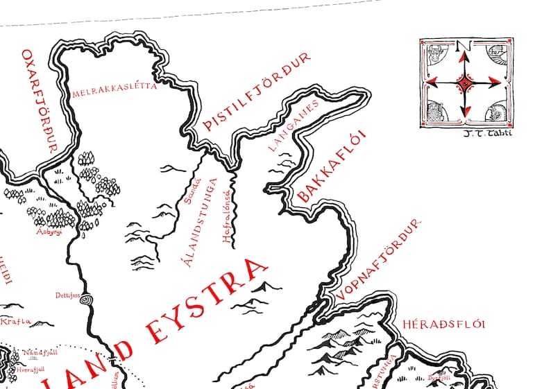 May include: A black and white illustrated map of northeastern Iceland featuring red text labels for locations like Oxarfjordur, Pistilfjordur, and Vopnafjordur. A decorative compass rose with red and black arrows is in the upper right corner.