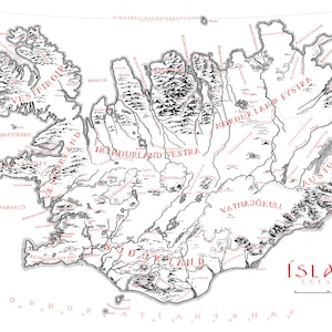 May include: A detailed black and white map of Iceland featuring red text labels for major regions and geographical features. The map includes intricate line drawings of mountain ranges, glaciers, and coastlines, with the title &Iacute;SLAND ICELAND in the bottom right corner.