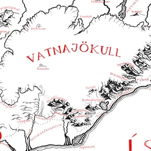 May include: A detailed black and white map section featuring the Vatnaj&ouml;kull glacier in Iceland. The map uses red text for major labels like Vatnaj&ouml;kull and black ink for mountain illustrations, smaller geographic names, and coastlines.