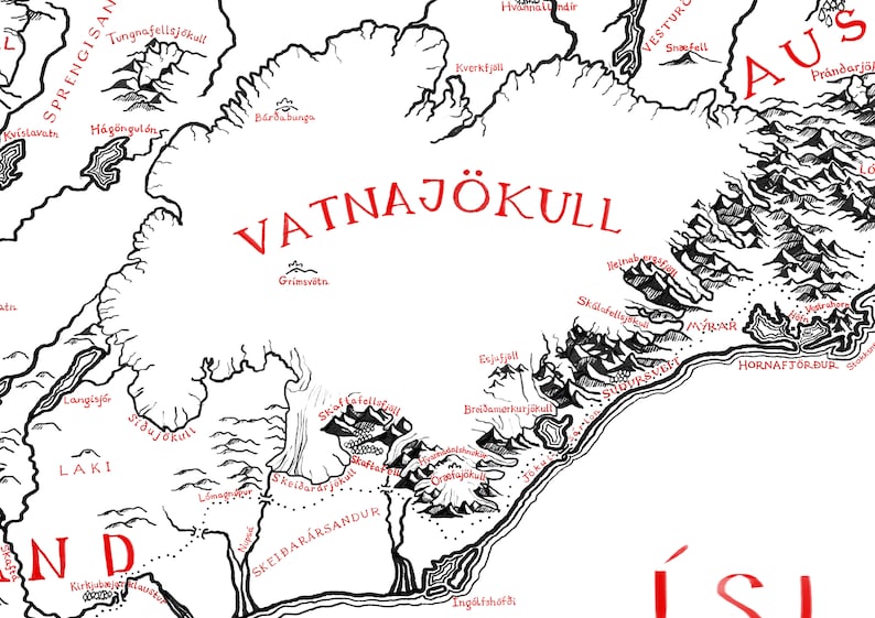 May include: A detailed black and white map section featuring the Vatnaj&ouml;kull glacier in Iceland. The map uses red text for major labels like Vatnaj&ouml;kull and black ink for mountain illustrations, smaller geographic names, and coastlines.