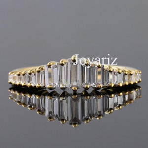 Half Eternity Band Lab Grown Diamond Ring, Baguette Cut Lab Grown Diamond Engagement Ring, Stackable Minimalist 14K Yellow Gold Ring