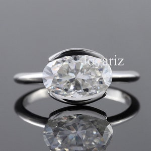 Solitaire Lab Grown Diamond Band, 1.5 Oval Cut Lab Grown Diamond Engagement Ring, Stackable Solitaire Ring, Half Bezel Set 14K Gold Band