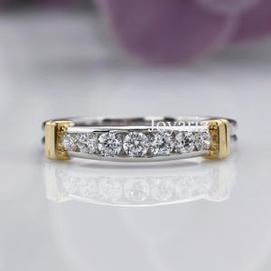 Zeven stenen vintage art-decoband, echte gecertificeerde ronde geslepen lab-gegroeide diamant stapelbare band, kanaalset effenen set tweekleurige zilveren band