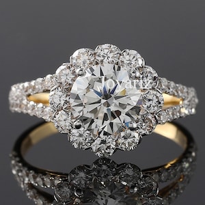 Two Tone Vintage Style Art Deco Wedding Ring, Split Shank Halo certificate Ring, Round Cut Lab Grown Diamond Engagement Ring, 14K Gold Ring