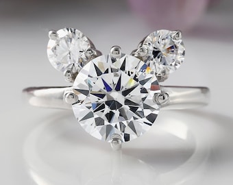 Three Stone Lab Grown Diamond Wedding Band, Mickey Ring, Round Cut Lab Grown Certified Diamond Engagement Mouse Ring, 14k White Gold Ring