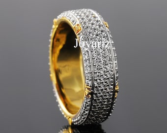 Wide Band Pave Lab Grown Band, Round Cut Lab Grown Diamond Engagement Ring, Multi-Row Full Eternity Wedding Mens 14K White/Yellow Gold Ring