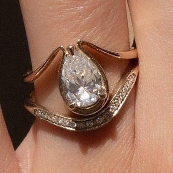 Bridal Ring Set, Pear & Round Cut Moissanite Engagement Ring, Curved Band Wedding Ring Set, Half Eternity Anniversary Ring, Chevron 14k Gold
