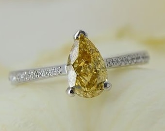 Canary Yellow Diamond Ring, 1 Ct Pear Cut Canary Yellow Diamond Engagement Ring, Solitaire With Accents Wedding Ring, Anniversary Gift Ring