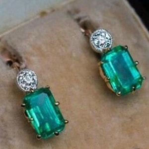 Green Emerald  & White Round Diamond Earring , Two Stone Earrings, Bezel Set Antique Vintage Earrings, Drop Dangle Latch Back Earrings,