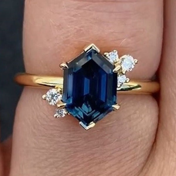 Blue Sapphire Ring, Hexagon & Round Cut Diamond Engagement Ring, Solitaire Anniversary Ring, Six Stone Gemstone Wedding Ring,925 Silver Ring