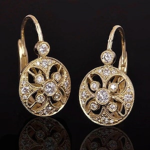 Vintage Antique Art Deco Earrings, Round Diamond Earrings, Lever Back Earrings, Bezel Set Earrings,925 silver Earring, Milgrain Earrings