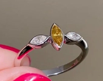 Canary Yellow Marquise Cut Diamond Engagement Ring, Three Stone East To West Marquise Wedding Ring, Unique Bezel Set Ring, 925 Silver Ring