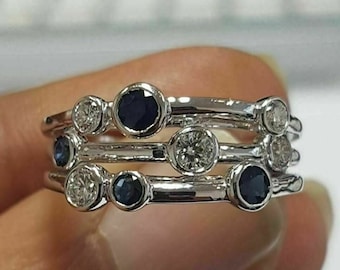 Round Sapphire & white Bezel Set Diamond Ring, Three Row Bubble Ring, Scatter Ring, CZ Diamond Bubble Ring set, Raindrop Ring, Silver Band