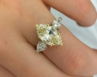 Three Stone Engaement Ring, Marquise Cut Canary Yellow Simulant Diamond Ring, Wedding Bridal Ring, Two Tone Silver Ring Yellow Gemstone Ring