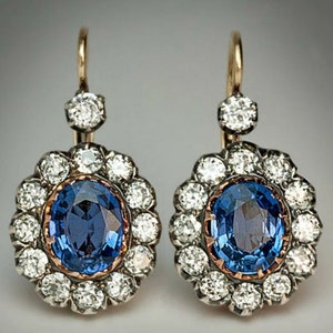 Blue Sapphire Earrings, Oval Halo Earrings, Lever-back Earrings, Dangle Earrings, Two Tone Silver Vintage  Earring, Oval Cut Diamond Earring