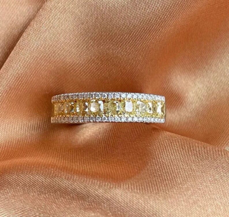 Yellow Diamond Band, Half Eternity Wedding Band, Three Row Band