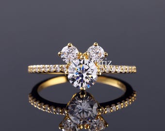 Solitaire With Accent Ring, Three Stone Lab Grown Diamond Wedding Band, Round Cut Lab Grown Diamond Engagement Mouse Ring, 14k Yellow Gold