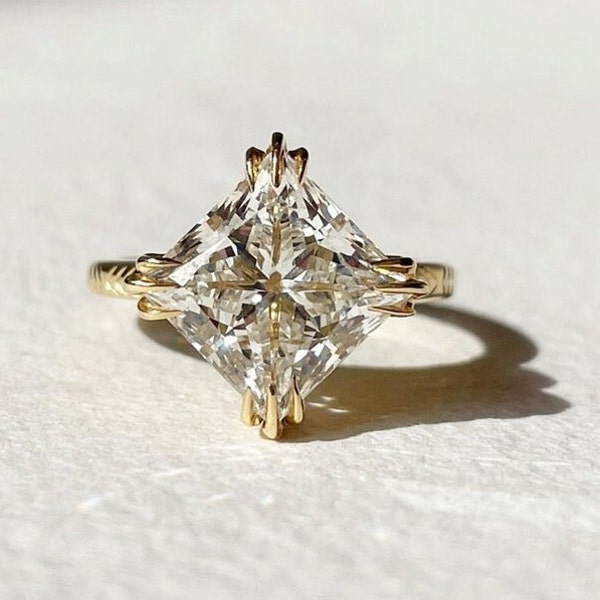 Solitaire Wedding Ring, Princess Cut Moissanite Engagement Ring, Filigree Anniversary Ring,Triple Claw four Prong 14k Solid Yellow Gold Ring