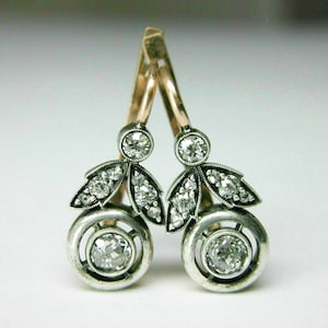 Two Tone Vintage Art Deco Style Earrings, Leaf Inspired Earrings, Round Cut Diamond Earrings, Lever Back Double Bezel Set Milgrain Earrings