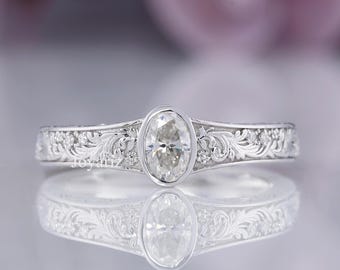 Circa 1920 Edwardian Solitaire Filigree Ring, Certified Oval Cut Lab Grown Diamond Ring, Bezel Set & Filigree Ring, 14k Solid Gold Ring