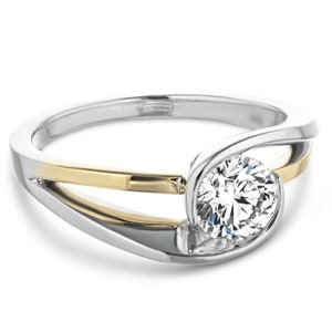 Moissanite Solitaire Engagement Ring, 2.00 Ct Round Cut Moissanite Wedding Ring, Swirl Diamond Anniversary Gift Ring , Two Tone 925 Silver