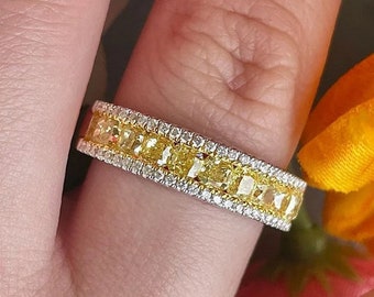 Yellow Diamond Band, Half Eternity Wedding Band, Three Row band, Vintage Style Art Deco Ring, Stacking Wedding Band, 14K Solid Gold Ring